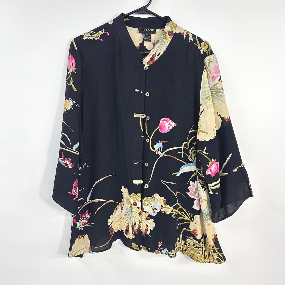 Citron Santa Monica 100% Silk Tunic 2X Black Floral Asian Art to Wear Boho - Picture 2 of 11